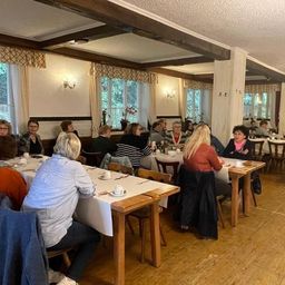 Eine Gruppe von Frauen sitzt an einem Tisch in einem Restaurant. Sie unterhalten sich. In der Nähe der Fenster stehen Blumentöpfe.