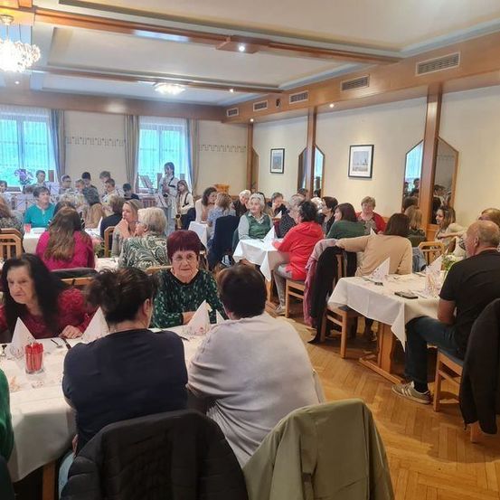 Eine Gruppe von Menschen sitzt an Tischen in einem Speisesaal. Einige unterhalten sich, während andere einer Person auf der Bühne zuhören. Der Raum ist mit Bilderrahmen dekoriert und hat Holzböden.