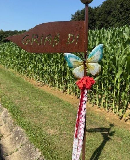 Ein Schild mit den Worten GRIAS DI steht neben einer Schmetterlingsdekoration. Es befindet sich vor einem Maisfeld mit grünen Halmen.