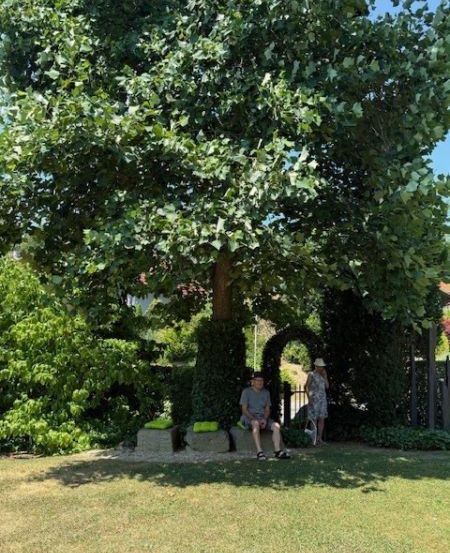 Zwei Personen sitzen unter einem großen Baum. Eine trägt einen Hut und die andere ein Kleid. Eine Frau steht hinter ihnen.