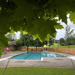 Ein Freibad, umgeben von einem Holzzaun und grünem Rasen. Bäume und ein Haus im Hintergrund. Stühle und ein gelber Baldachin sind in der Nähe des Pools.