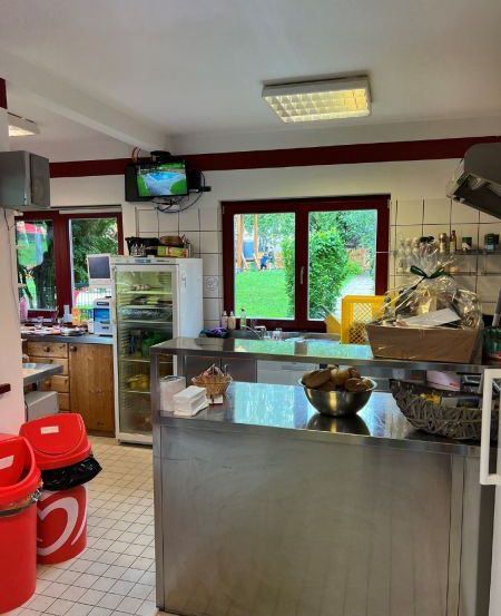 Eine Küche mit Theke hat eine Schüssel mit Essen, einen Kühlschrank und einen Fernseher. Es gibt rote Mülleimer und Körbe. Die Küche hat geflieste Böden und Fenster.