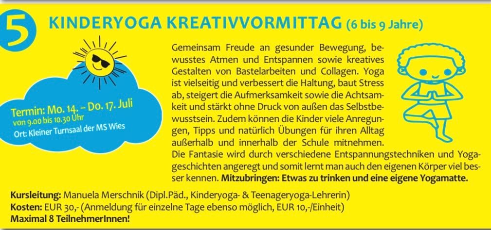 Plakat für einen kreativen Yoga-Tag für Kinder im Alter von 6 bis 9 Jahren. Es zeigt eine Sonne, eine Wolke und die Figur eines Kindes. Das Plakat ist gelb und blau mit Text in weiß.