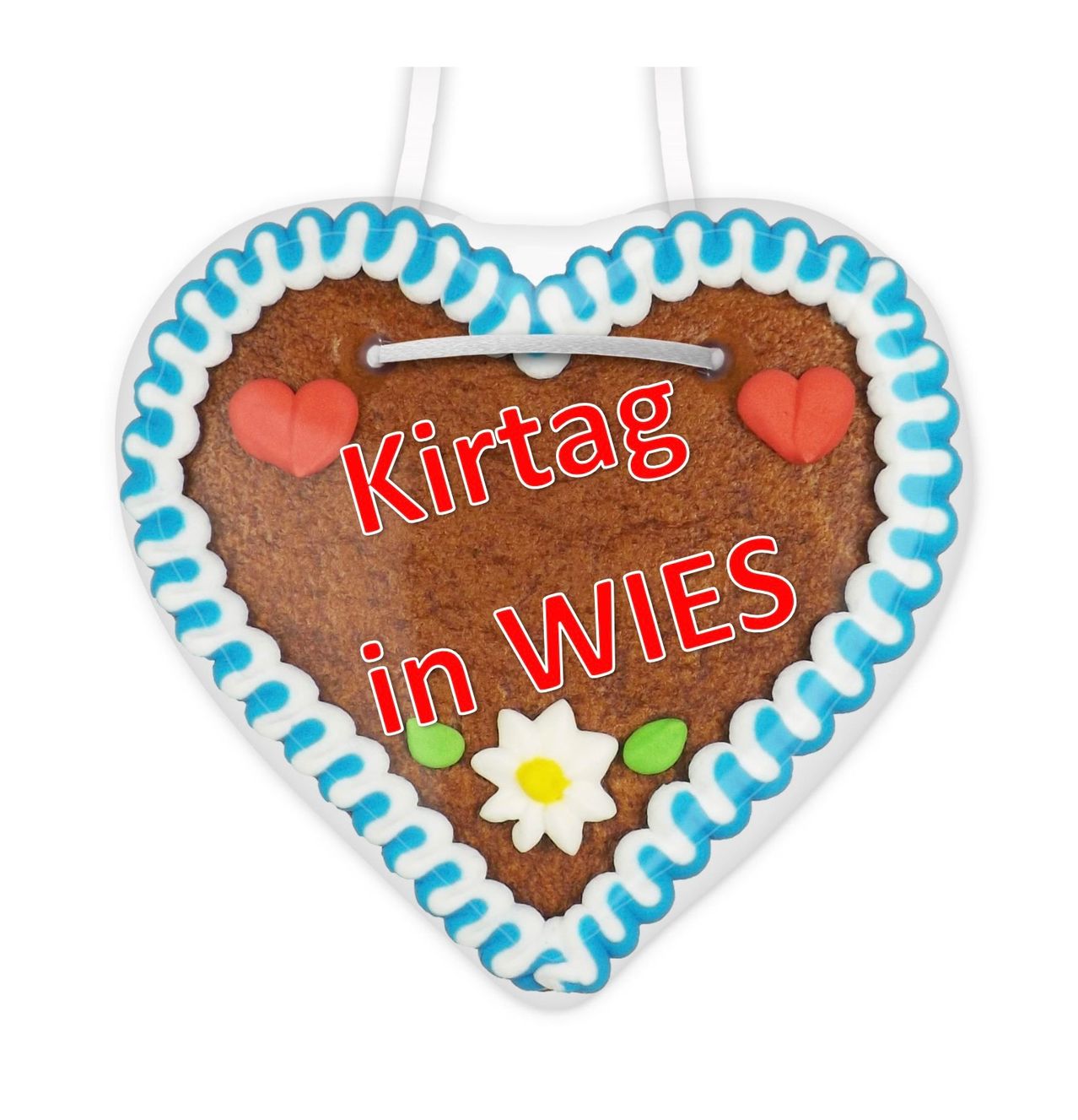 Ein herzförmiger Lebkuchen mit blauer Glasur und roten Herzen und einer weißen Blume. Die Worte 'Kirttag in WIES' sind in Rot geschrieben.