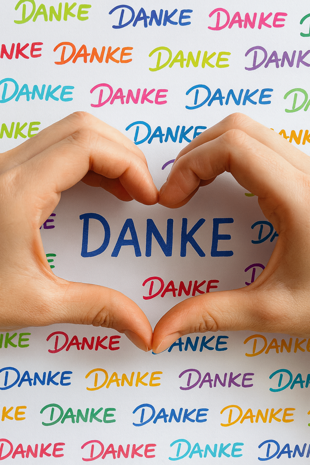 Hände, die eine Herzform über einem Blatt mit bunten Wörtern bilden, wobei das Wort 'Danke' in verschiedenen Farben und Stilen geschrieben ist.