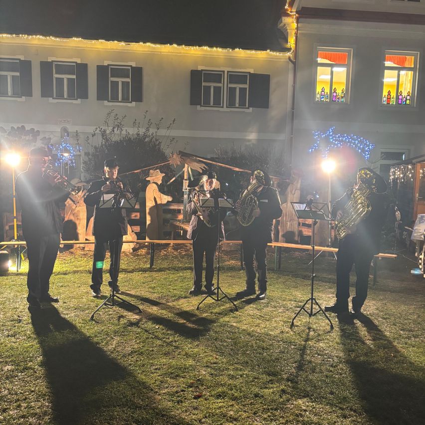 Eine Gruppe von Musikern spielt bei Nacht vor einem Gebäude. Sie stehen auf einem Rasen, beleuchtet von einer Scheinwerfer.