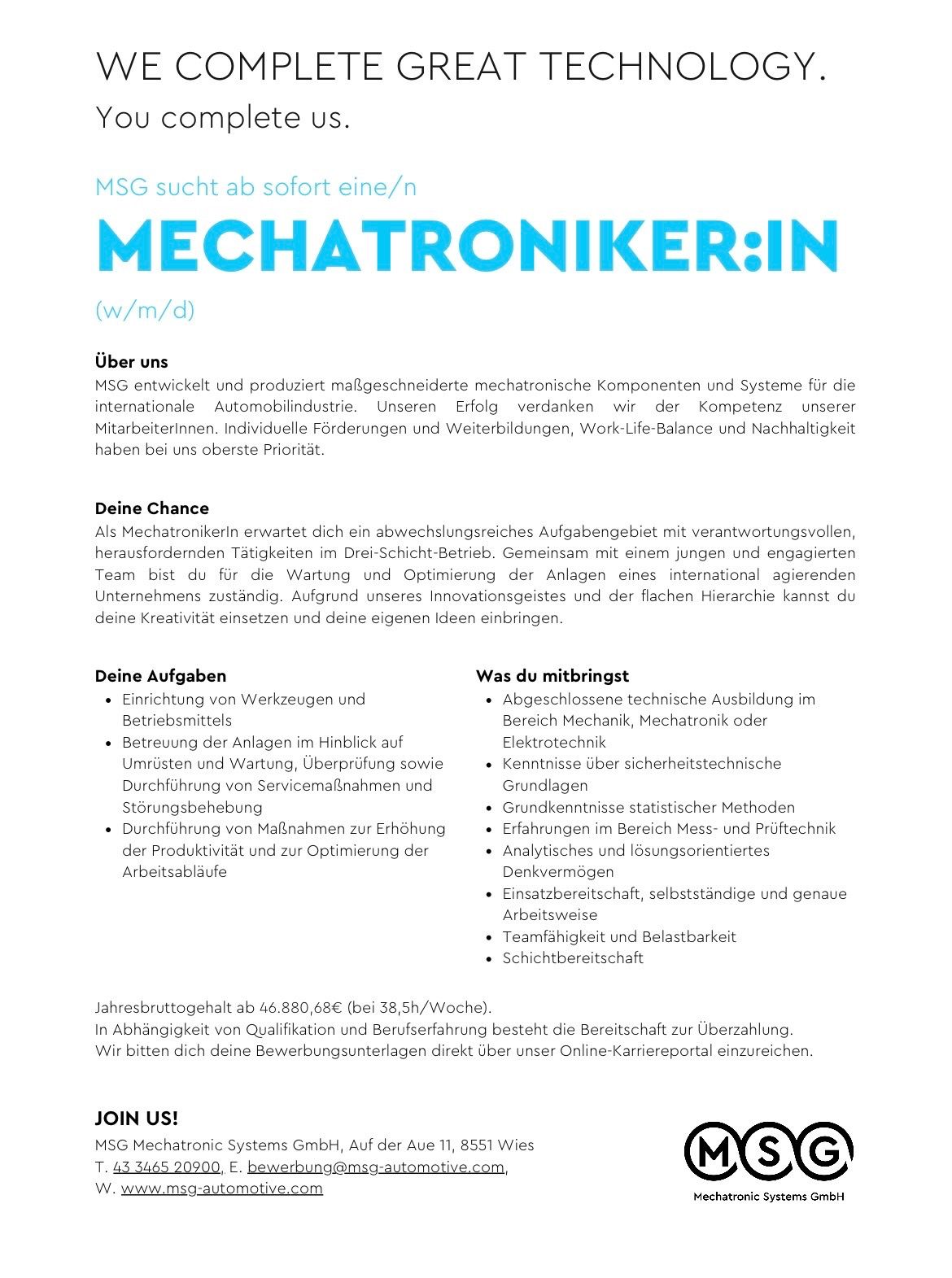The image features a job posting for a mechatronics engineer. It highlights responsibilities like tool setup, equipment operation, maintenance, and service tasks. The role offers a dynamic work environment with international team collaboration. A competitive salary is provided. Interested candidates can apply directly through the online career portal.