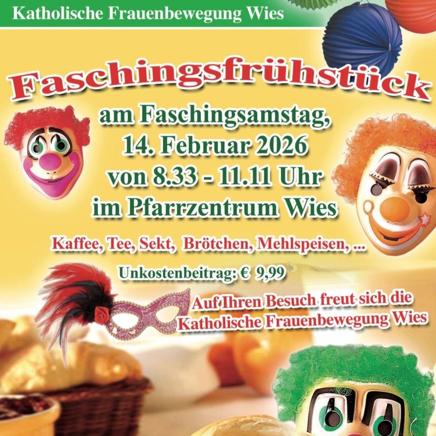 A poster for the Catholic Women's Movement Wies, featuring a carnival theme with clowns, masks, and various foods. It announces a carnival breakfast on February 14, 2026, from 8:33 to 11:11 AM. Donations are requested.