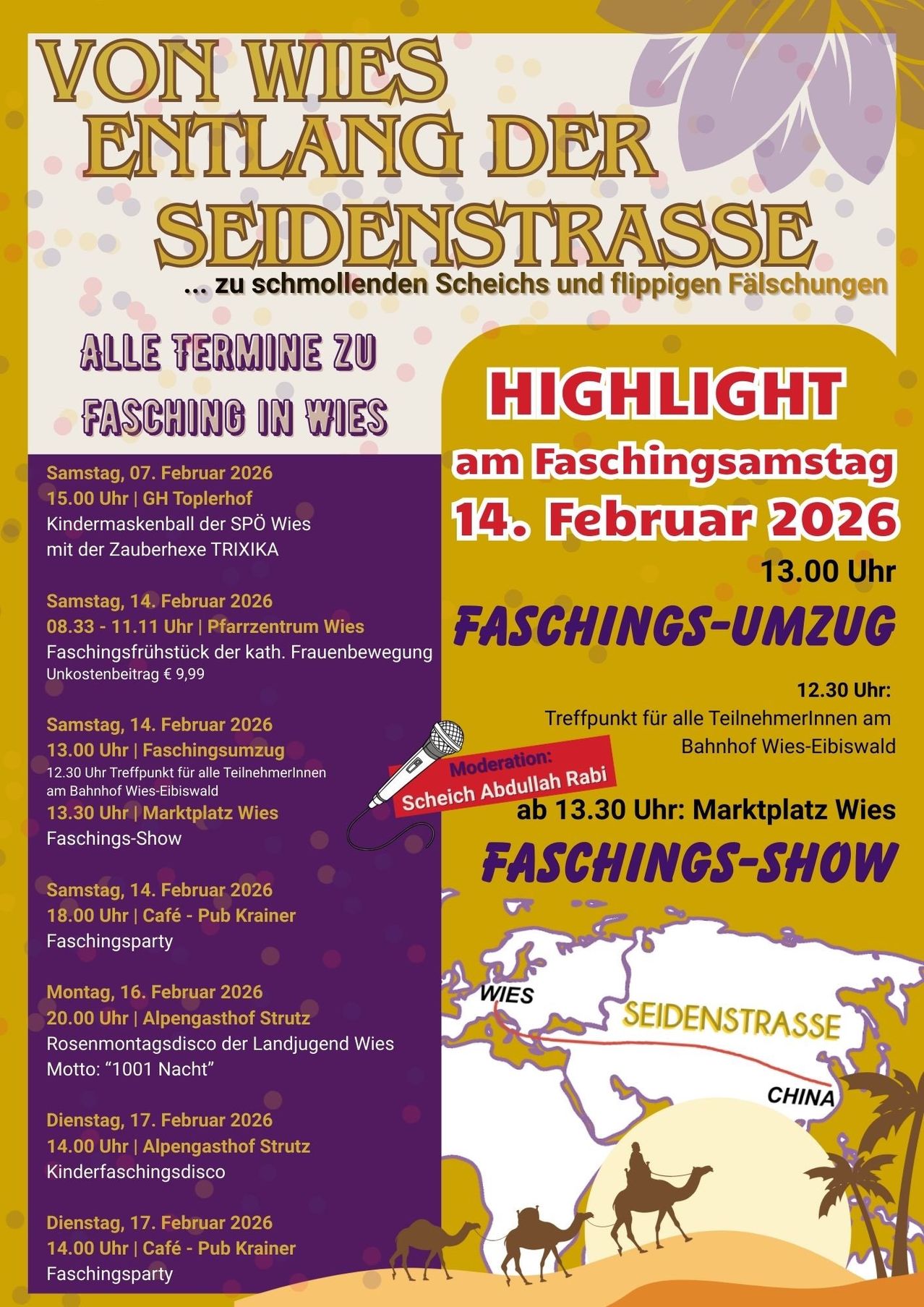 Poster for Fasching events in Wies, Germany. Events include a children's mask ball, Faschingsumzug parade, Faschings-Show, and Rosenmontagsdisco. Dates range from February 7 to February 16, 2026.
