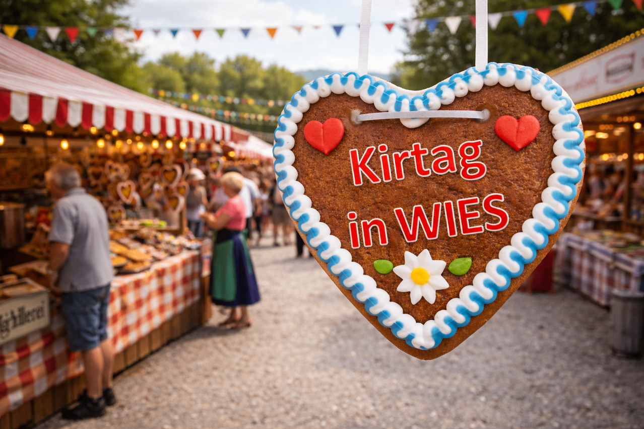 Ein herzförmiger Keks mit den Worten 'Kirtaq in WIES' hängt an einer Schnur auf einem Markt im Freien mit Menschen und Ständen im Hintergrund.