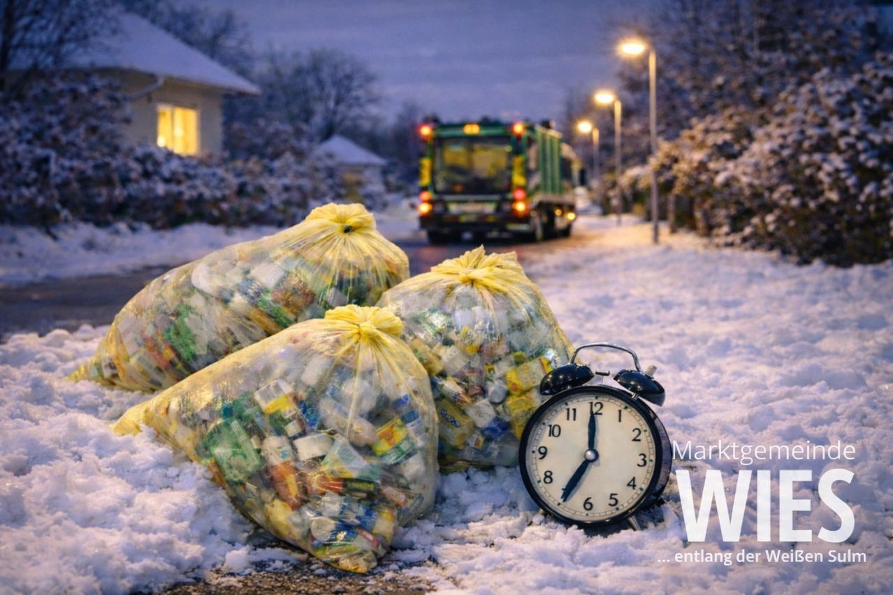 Ein Müllwagen fährt mit Säcken voller Recyclingmaterialien durch eine verschneite Straße. Ein Wecker in der Nähe zeigt die Zeit 11:08 an.