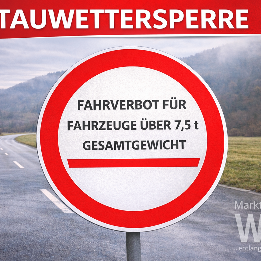 Ein Straßenschild verbietet Fahrzeuge über 7,5 t Gesamtgewicht. Das Schild ist rund mit rotem Rand und weißem Hintergrund.