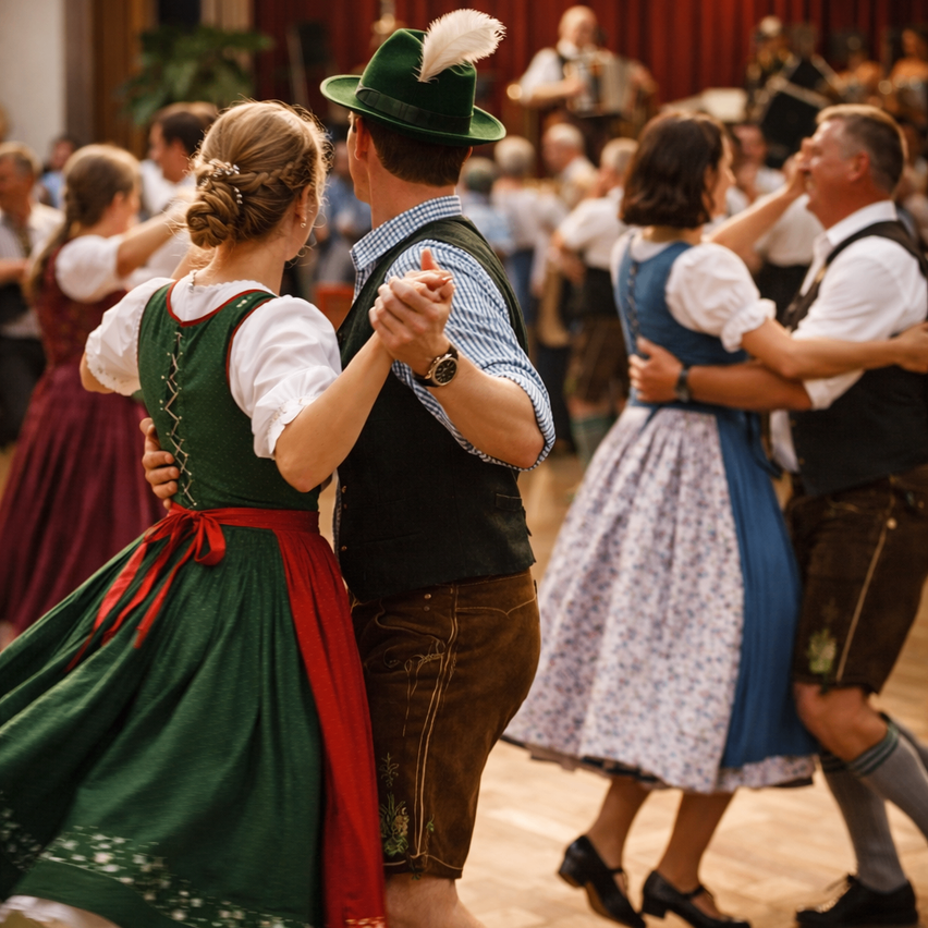 Eine Gruppe von Menschen in traditioneller Kleidung tanzt in einem großen Saal, begleitet von einer Live-Band. Eine Frau in einem grünen Kleid und ein Mann in einem grünen Hut führen den Tanz an.