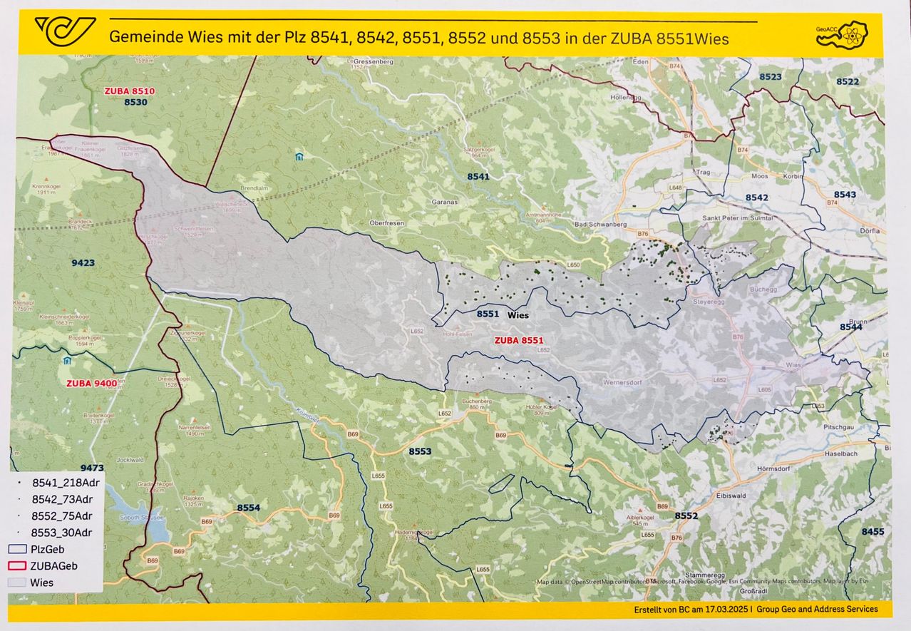 Eine Karte, die verschiedene Grundstücke mit den Nummern 8541, 8542, 8551, 8552 und 8553 im Gebiet ZUBA 8551Wies zeigt. Jedes Grundstück ist mit einer Grenzlinie und der Grundstücksnummer gekennzeichnet. Die Karte enthält geografische Merkmale und eine Legende. Erstellt von BC am 17.03.2025.