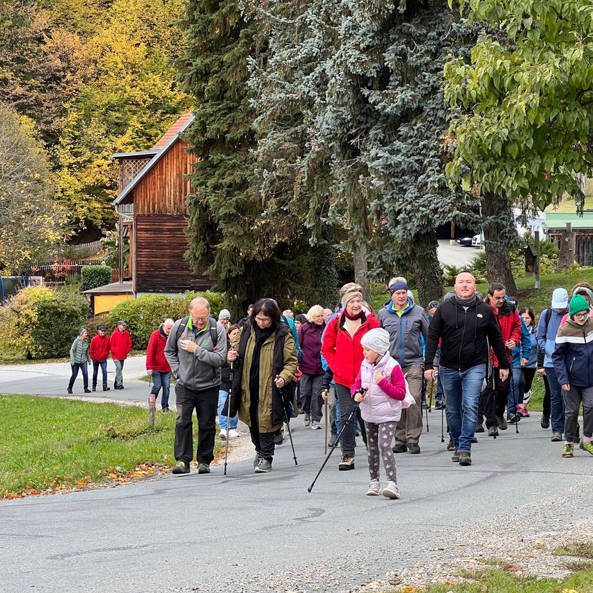 Eine Gruppe von Menschen läuft auf einem Kiesweg, einige mit Stöcken. Sie tragen Winterkleidung, und einige haben Mützen. Ein Kind trägt eine weiße Mütze. Bäume und Büsche säumen den Weg, und ein Holzhaus befindet sich im Hintergrund.
