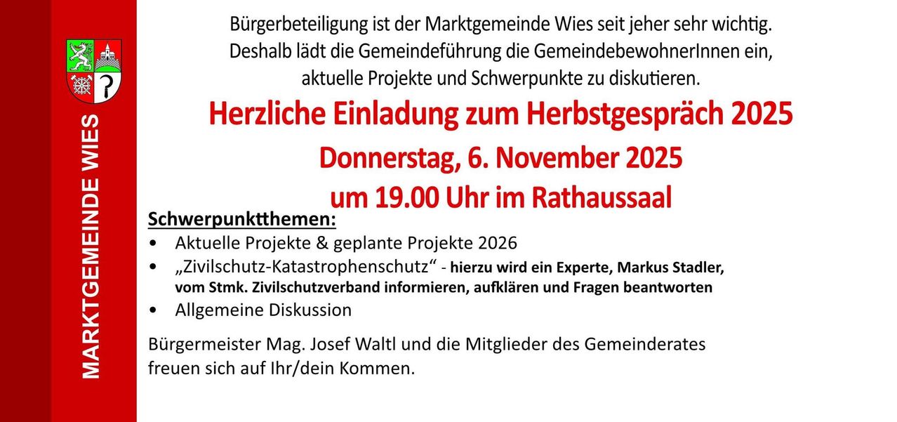 Ein Plakat lädt Gemeindemitglieder zu einer Herbstveranstaltung am Donnerstag, 6. November 2020 um 19.00 Uhr im Rathaus ein. Themen sind aktuelle und geplante Projekte für 2026, mit Schwerpunkt auf dem Katastrophenschutz. Ein Experte des Zivilschutzverbandes informiert, klärt auf und beantwortet Fragen. Bürgermeister Josef Waltl und die Gemeindemitglieder freuen sich auf Ihr Kommen.
