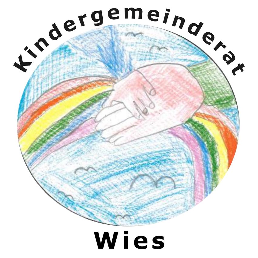 Ein kreisförmiges Logo zeigt die Worte 'Kindergemeinderat Wies' mit zwei Händen, die einen Regenbogen in der Mitte halten. Die Hände sind in Rosa und Weiß gezeichnet, der Regenbogen in leuchtenden Farben. Der Hintergrund ist blau und weiß.