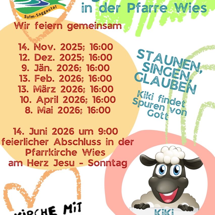 Ein Ankündigungsplakat für die Sulm-Saggautal Kirche mit einem Schaf, verschiedenen Terminen und Zeiten für Veranstaltungen und einem abschließenden Gottesdienst am 14. Juni 2026.