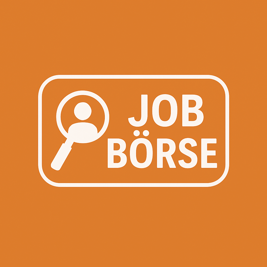 Ein orangefarbener Hintergrund zeigt ein weißes Logo. Es zeigt ein Lupensymbol und eine menschliche Silhouette darin. Das Wort 'JOB' ist prominent in Weiß über dem Symbol dargestellt. Darunter steht das Wort 'BÖRSE' in Weiß.