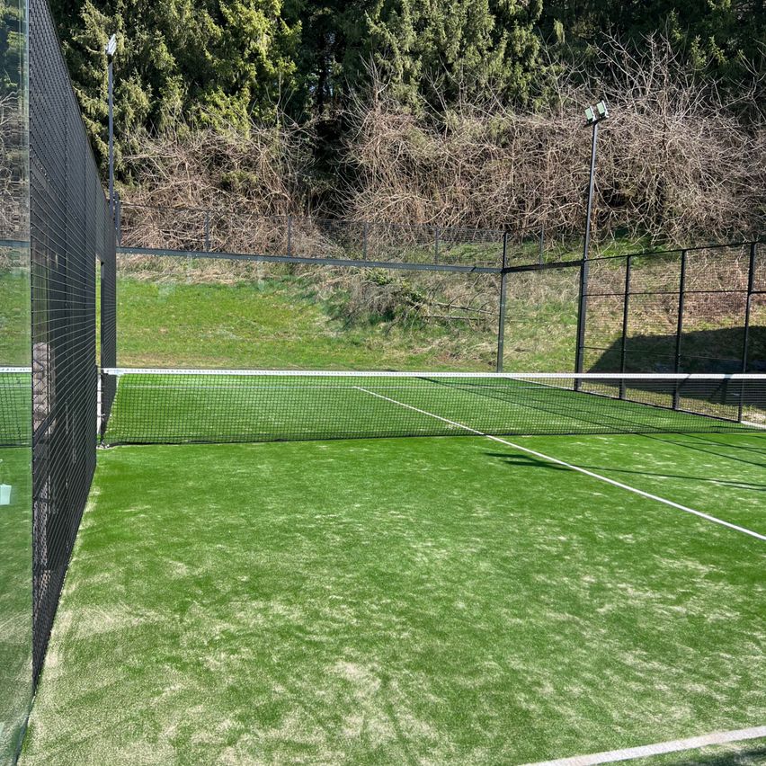 An empty tennis court with a net, enclosed by black fences, with grass and trees in the background.