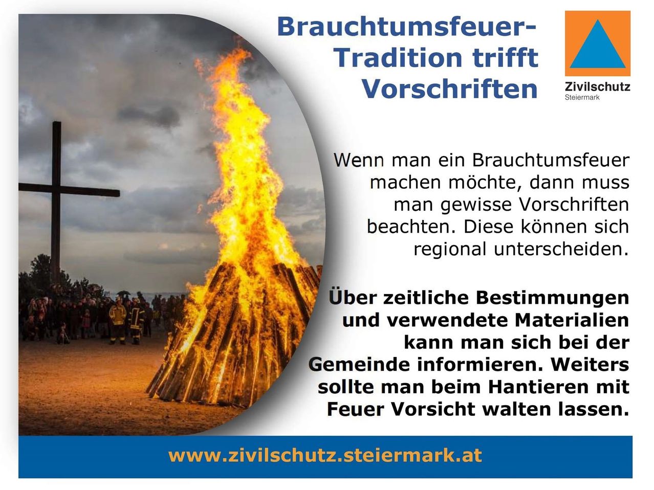 A large bonfire is burning with a large crowd gathered around. The image has text in German, indicating traditions and regulations about such fires. The website www.zivilschutz.steiermark.at is displayed.