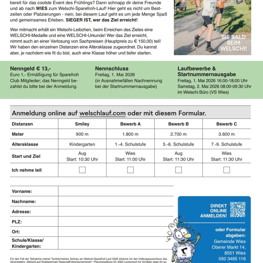 Der Flyer bewirbt das Wieselauf-Event für den 1. Mai 2026. Es enthält Details zu Distanzen, Startzeiten und Anmeldegebühren. Es wird auch die Online-Anmeldung über welschlauf.com erwähnt.