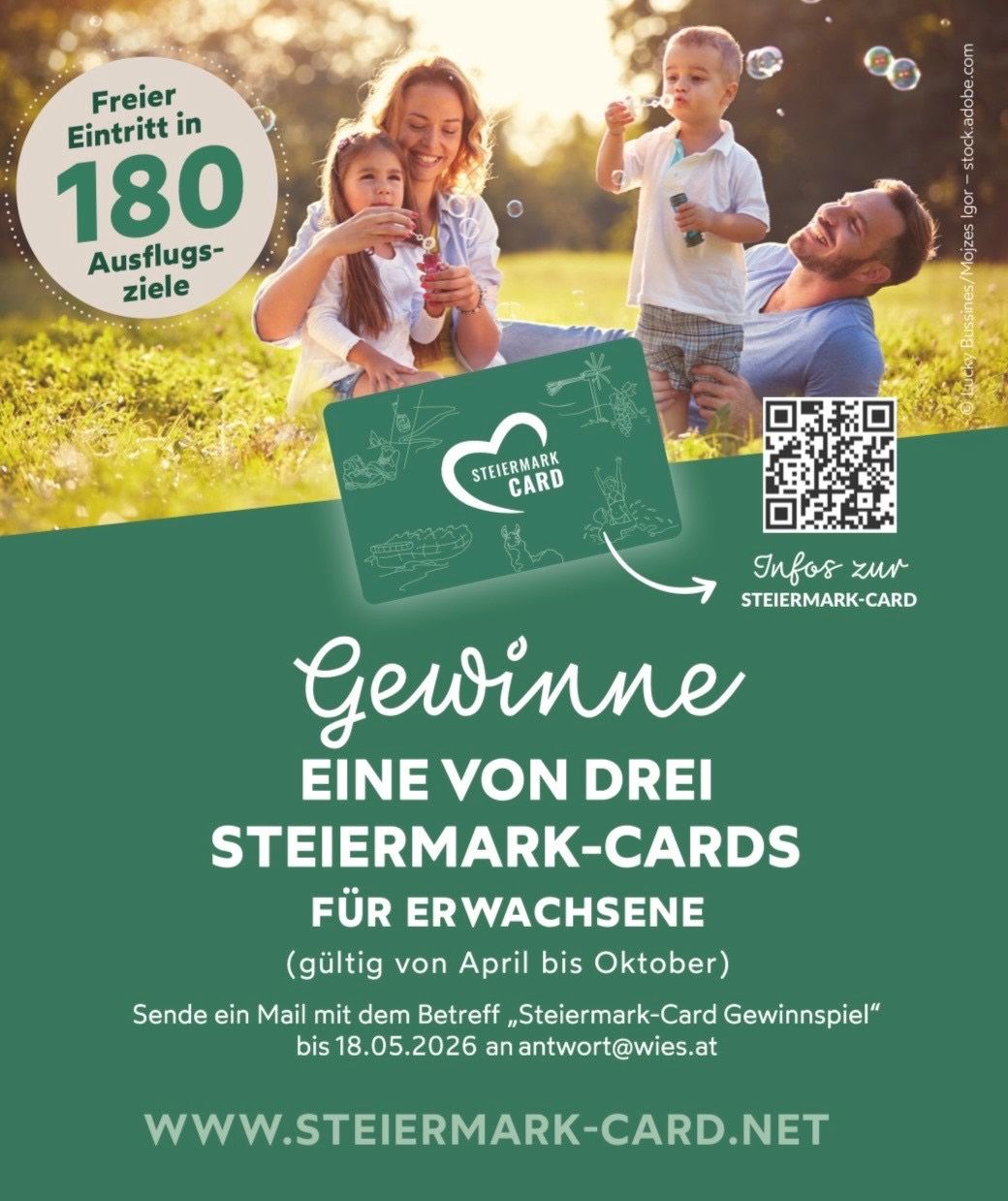 Werbeposter für einen kostenlosen Eintrittswettbewerb mit 180 Zielen. Drei Steiermark-Cards für Erwachsene sind erhältlich. Senden Sie eine E-Mail mit dem Betreff "Steiermark-Card Gewinnspiel" bis zum 18.05.2026 an antwort@wies.at.