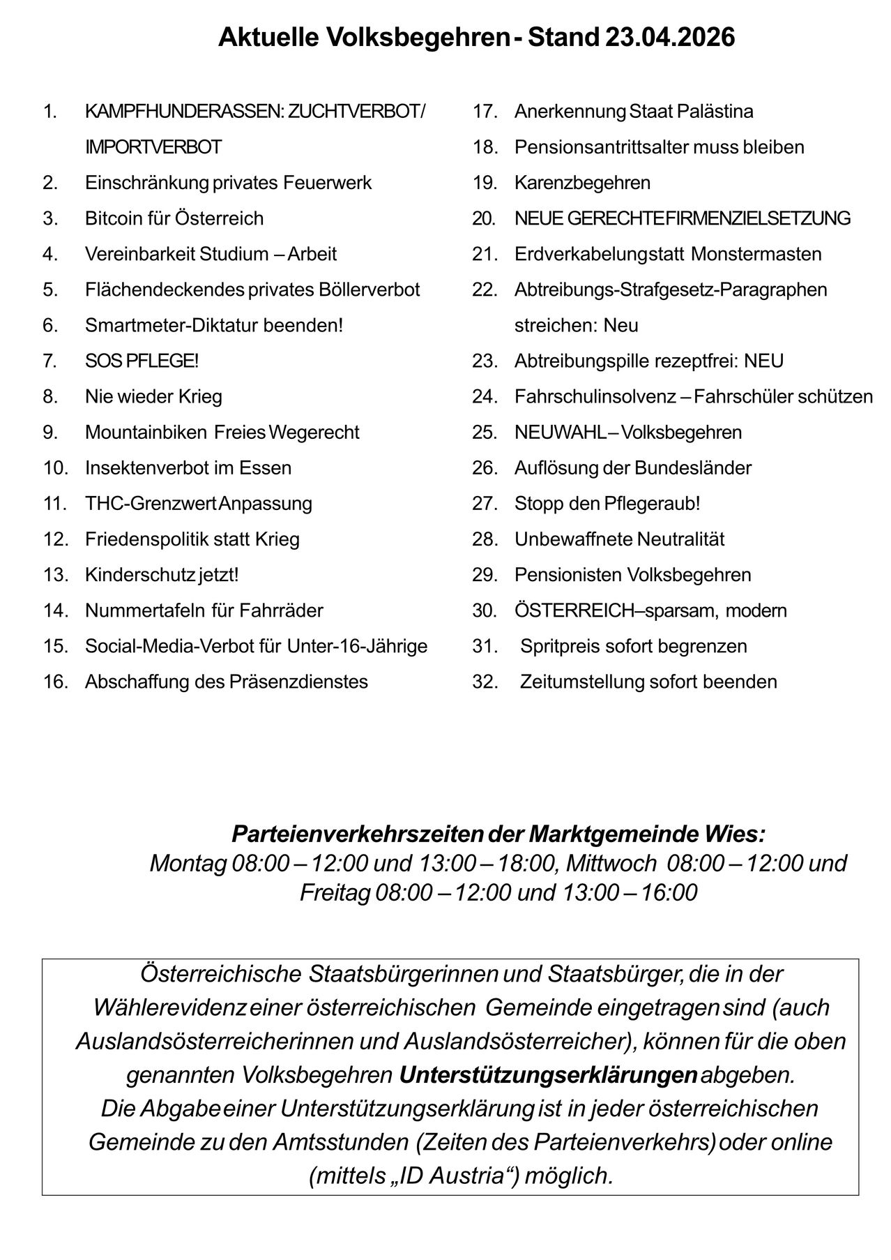 Eine Liste enthält privates Mesh-Netzwerk, Bitcoin für Österreich und Beendigung des Krieges. Sie enthält auch ein neues Unternehmensgesetz, Steuererleichterung für Rentner und Stopp des Menschenhandels.
