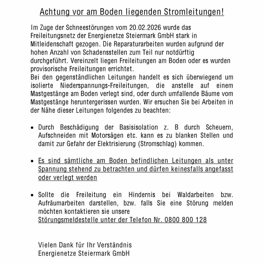 Aufgrund der Schneestörfälle am 20.02.2026 wurde das Freileitungsnetz der Energienetze Steiermark GmbH stark beeinträchtigt. Reparaturarbeiten wurden aufgrund der hohen Anzahl von Schadensstellen teilweise durchgeführt. Vereinzelt liegen Erdschlüsse am Boden oder es wurden provisorische Erdschlüsse errichtet. Erdschlüsse sollten vermieden werden, um einen Stromschlag zu verhindern.