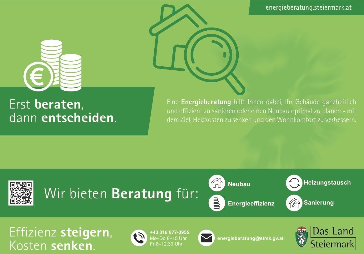 Ein Werbeplakat für Energieberatung zeigt ein Haus und Geldstapel unter einer Lupe. Es bewirbt Energieberatung für Neubauten und Energieeffizienz. Kontaktdaten umfassen eine Telefonnummer und eine E-Mail-Adresse.