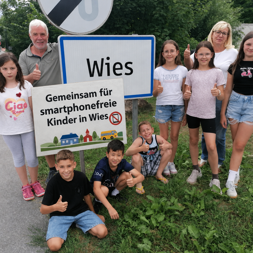Eine Gruppe von Kindern und Erwachsenen posiert für ein Foto vor einem Schild, das 'Wies' und ein weiteres Schild, das 'Gemeinsam für smartphonefreie Kinder in Wies' steht. Sie alle zeigen Daumen hoch.