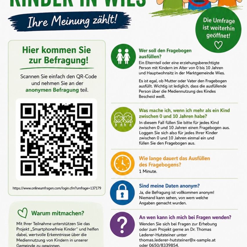 Ein Infografik mit einem QR-Code für eine Umfrage zur Mediennutzung von Kindern, die fragt, wer sie ausfüllen kann, wie lange es dauert und ob die Daten anonym sind. Es bietet auch Kontaktinformationen für Fragen.