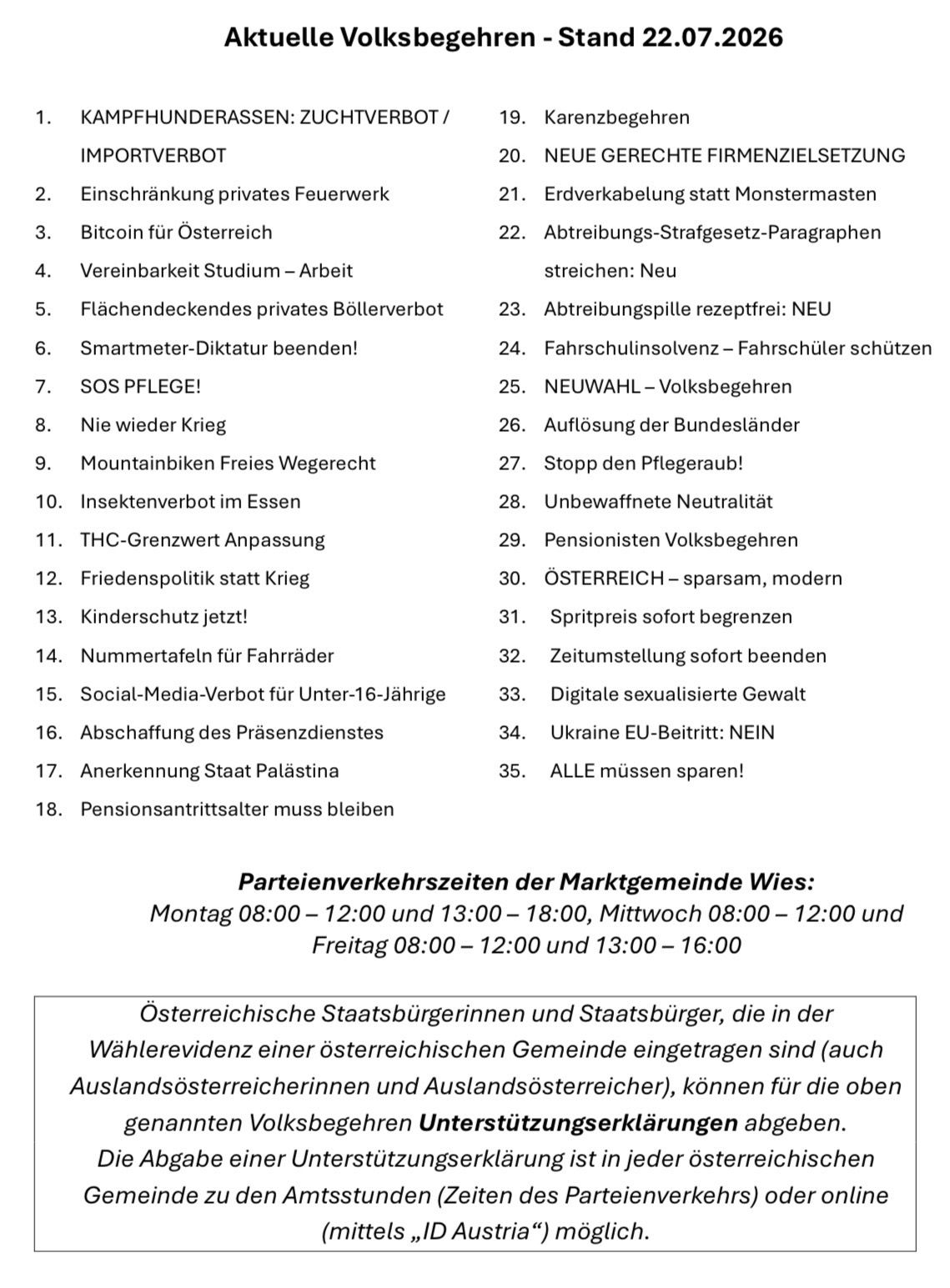 Ein Dokument mit einer Liste von Forderungen und Vorschlägen einer politischen Partei, einschließlich Themen wie Einschränkungen privater Feuerwehren, Bitcoin für Österreich und Pensionsrechte.