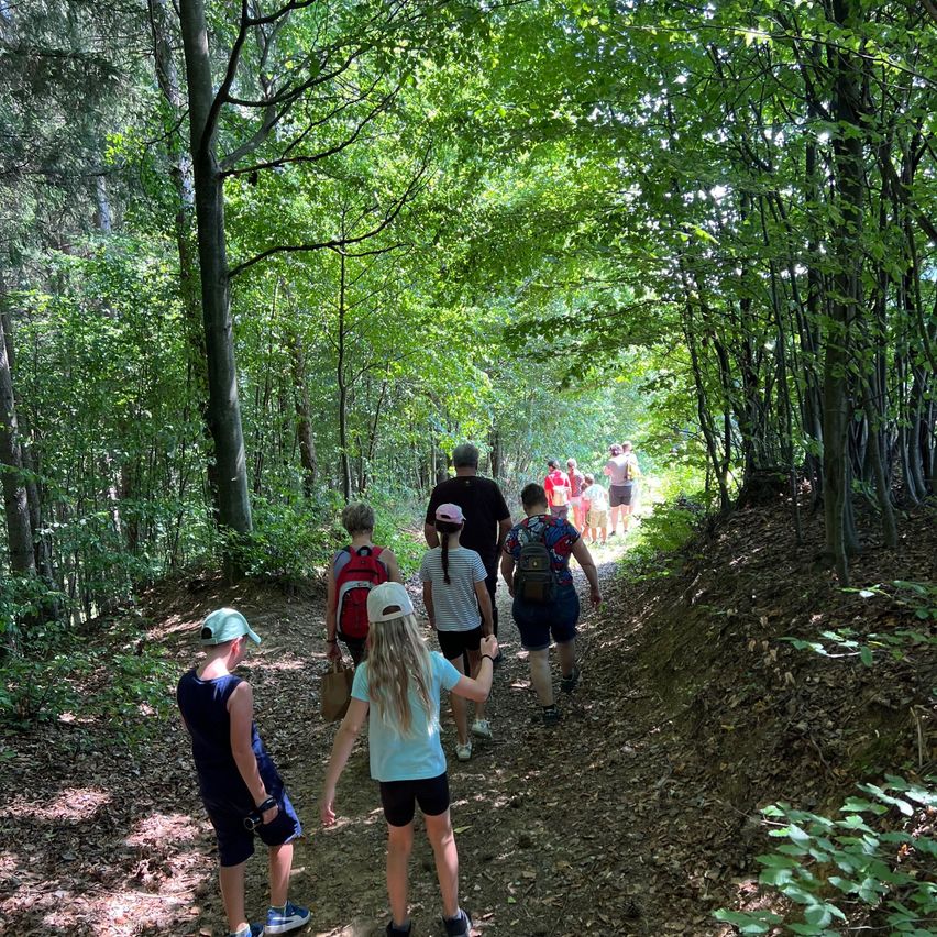 Eine Gruppe von Wanderern, einschließlich Kinder, gehen auf einem Waldweg mit Bäumen und Laub auf beiden Seiten.