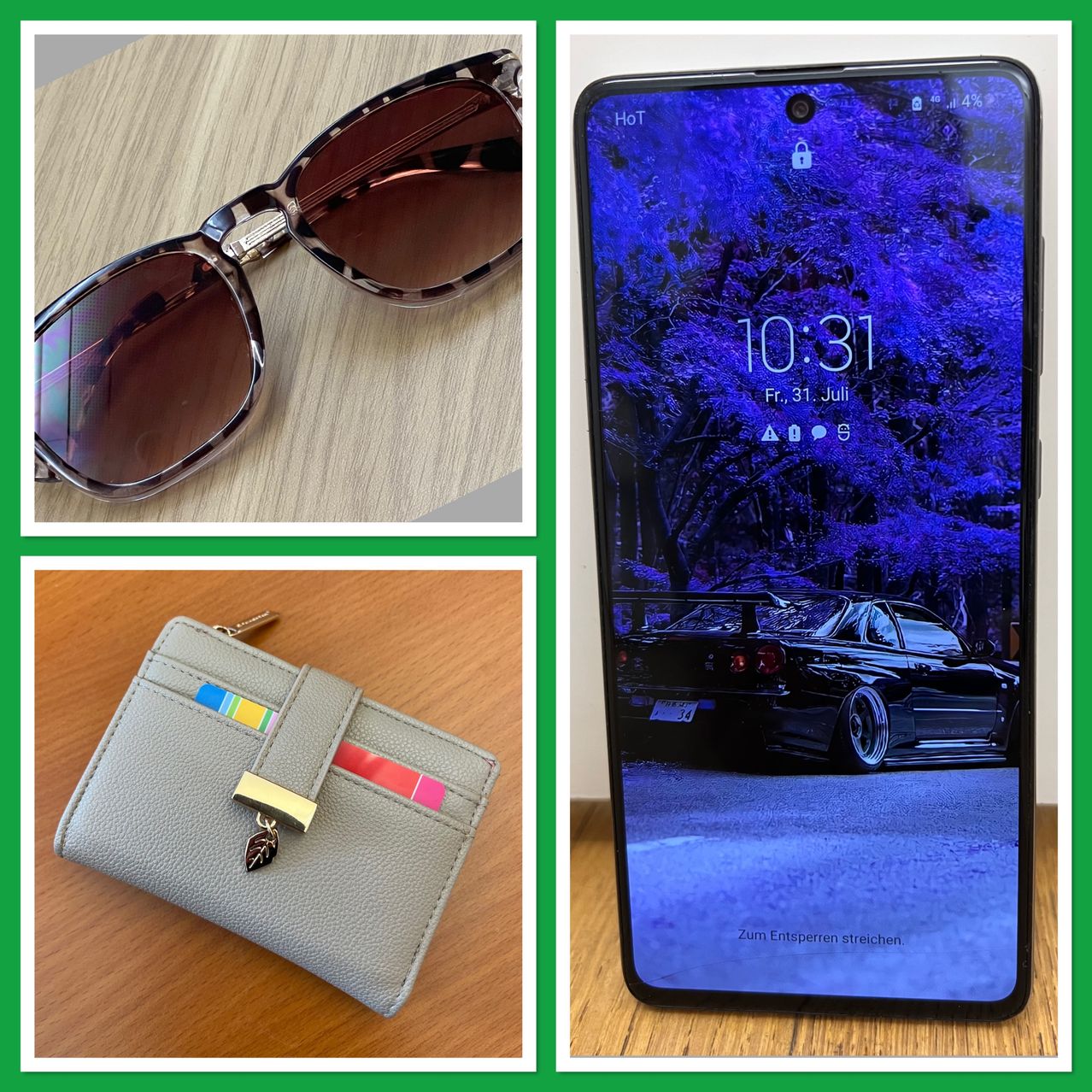 Eine Collage aus drei Gegenständen: eine Sonnenbrille, eine Geldbörse und ein Smartphone, das ein Auto auf seinem Bildschirm anzeigt.