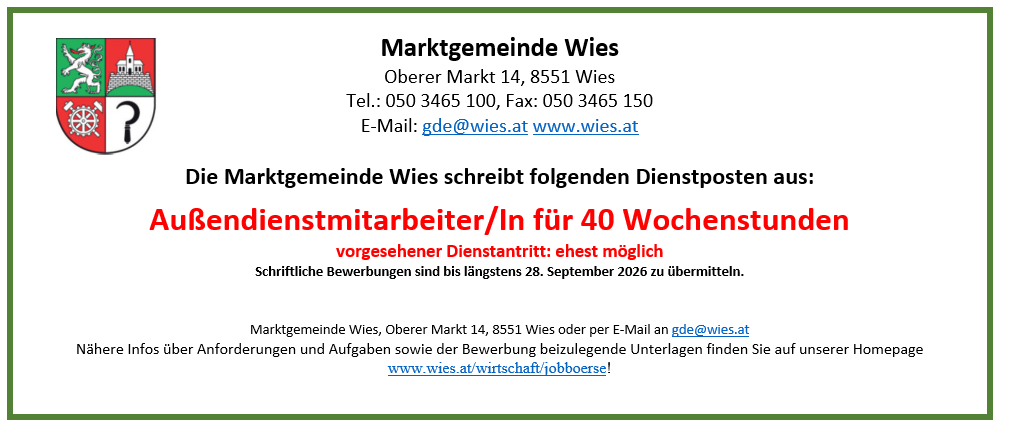 A job advertisement from the Municipality of Wies for external service workers with a start date as soon as possible. Applications are accepted until September 28, 2026.