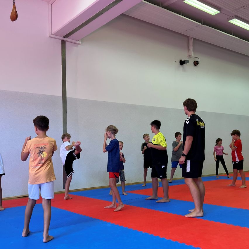 Eine Gruppe von Kindern praktiziert Kampfsport in einer Turnhalle mit blauen und roten Matten, ein Junge im gelben Shirt leitet die Übung.