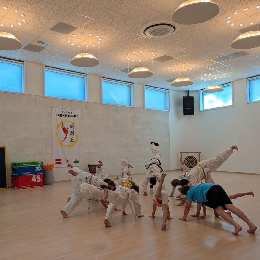 Eine Gruppe von Personen in Kampfsportuniformen führt eine synchronisierte Übung in einem gut beleuchteten Raum mit Holzböden und großen Fenstern durch. Ein Banner mit Logo und Text ist an der Wand sichtbar.