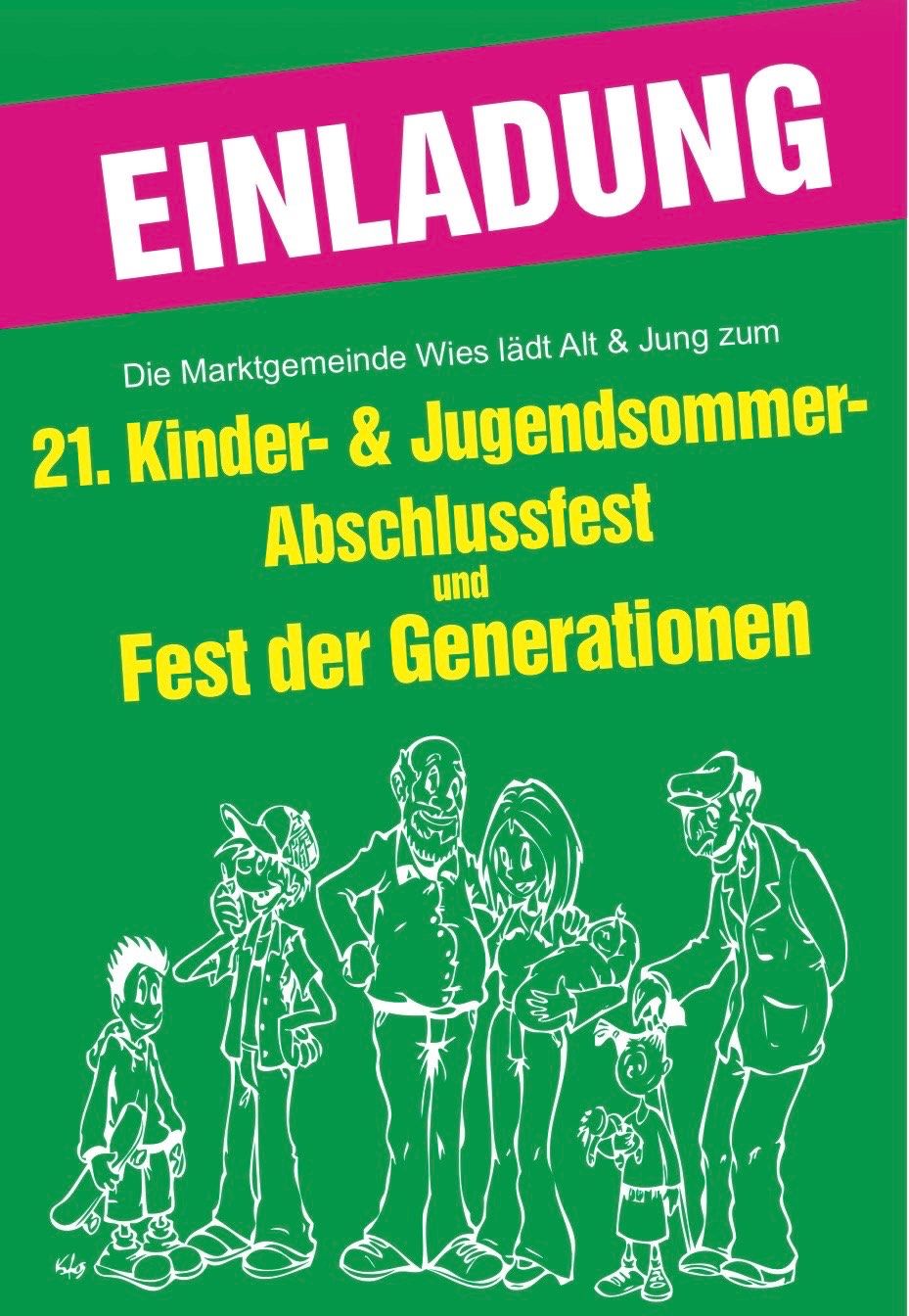 Plakat für das 21. Kinder- und Jugendsommer-Abschlussfest und Fest der Generationen in Wies, das Alt und Jung einlädt.