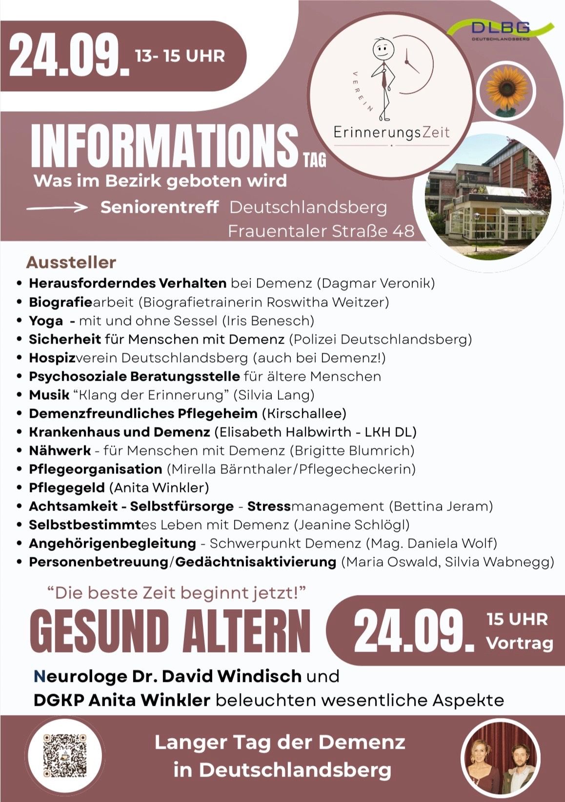 Plakat für die Seniorentreff Deutschlandsberg Veranstaltung mit verschiedenen Aktivitäten und Dienstleistungen für Menschen mit Demenz, einschließlich Gedächtnispflege, Biografiearbeit, Yoga und Selbsthilfegruppen. Die Veranstaltung ist für den 24. September um 15 Uhr geplant.
