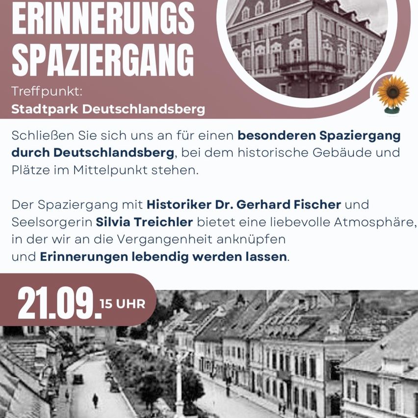 Plakat für einen geführten Spaziergang durch Deutschlandsberg, mit einem historischen Gebäude und einer Sonnenblume, einschließlich Details zu Treffpunkt, Datum und Uhrzeit.
