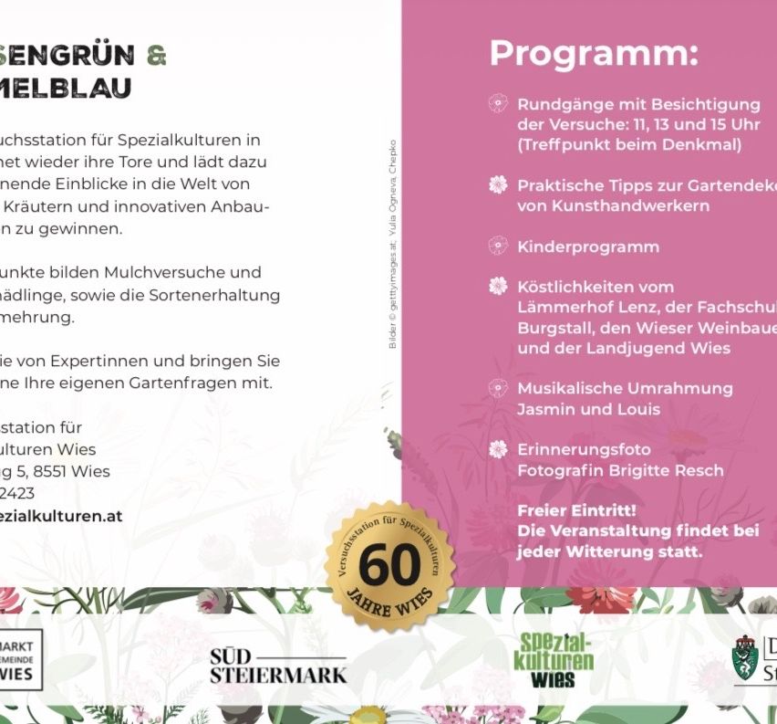 Feier und Programm. Führungen mit Spezialkulturen um 11, 13 und 15. Praktische Tipps von Handwerkern. Kinderprogramm. Kulinarische Genüsse. Musikalische Umgebung. Fotoshooting. Freier Eintritt. Die Veranstaltung ist wetterunabhängig.