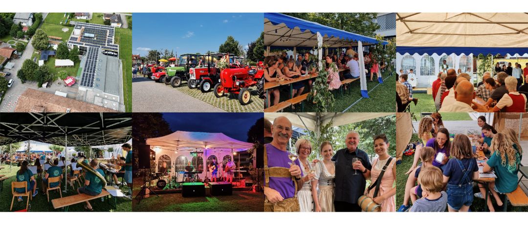 Eine Collage von Bildern zeigt eine Reihe von Traktoren, Menschen beim Essen unter einem Zelt, eine Band, die auftritt, und eine Gruppe von Erwachsenen, die lächeln.