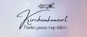 Ein weißer Hintergrund zeigt ein stilisiertes Logo mit 'Musikverein Harmonie Meiningen' und 'gegr. 1886'. Darunter steht handgeschrieben 'Kirchenkonzert' und darunter 'Frieden peace мир мир šalo'.