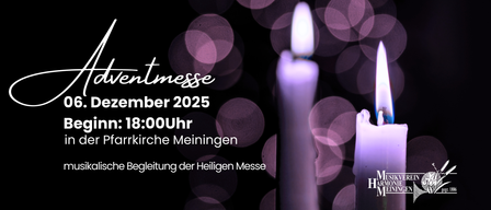 Ein Plakat für die Adventmesse-Veranstaltung im Dezember 2025, Zeit 18:00 Uhr, in der Pfarrkirche Meiningen mit Kerzenlicht.