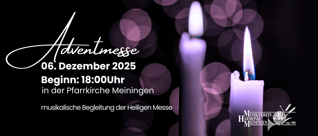 A poster for Adventmesse event in December 2025, time 18:00, at Pfarrkirche Meiningen with candle lights.