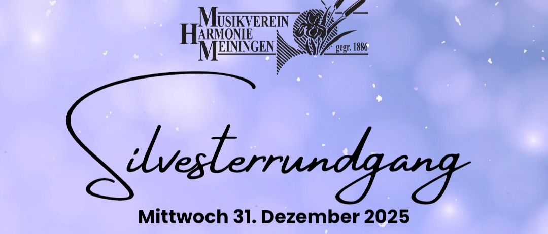 Ein Plakat bewirbt eine Silvester-Tour am Mittwoch, 31. Dezember 2025, in Meiningen. Die Tour umfasst verschiedene Stationen mit Zeiten und Familiennamen. Das Plakat hat einen lila Hintergrund.