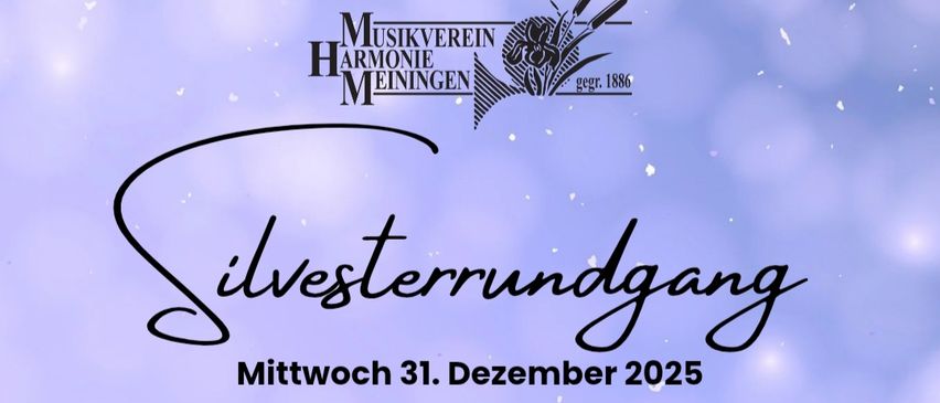 Ein Plakat bewirbt eine Silvester-Tour am Mittwoch, 31. Dezember 2025, in Meiningen. Die Tour umfasst verschiedene Stationen mit Zeiten und Familiennamen. Das Plakat hat einen lila Hintergrund.