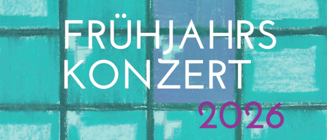 Plakat für ein Frühjahrskonzert am 18. April 2026 um 20 Uhr, mit einem Raster aus blauen und lila Quadraten.