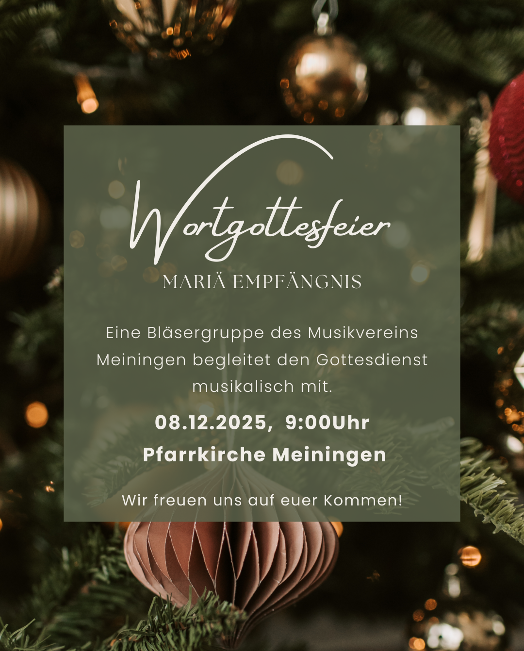 Plakat für Maria Empfaengnis-Veranstaltung mit einer Bläsergruppe, die am 8. Dezember 2025 um 9:00 Uhr in der Kirche in Meiningen spielt.